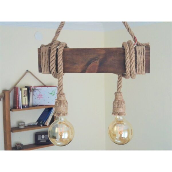 Dekoratif Nigrum Halatlı Ahşap Rustik Ikili Avize