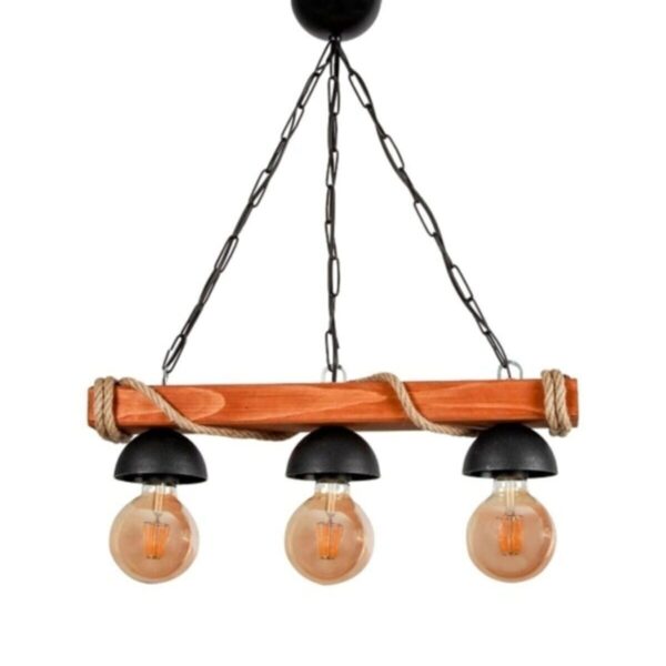 Tasarım 3'lü Rustik Nigrum Halatlı Ahşap Avize Meşe Renk