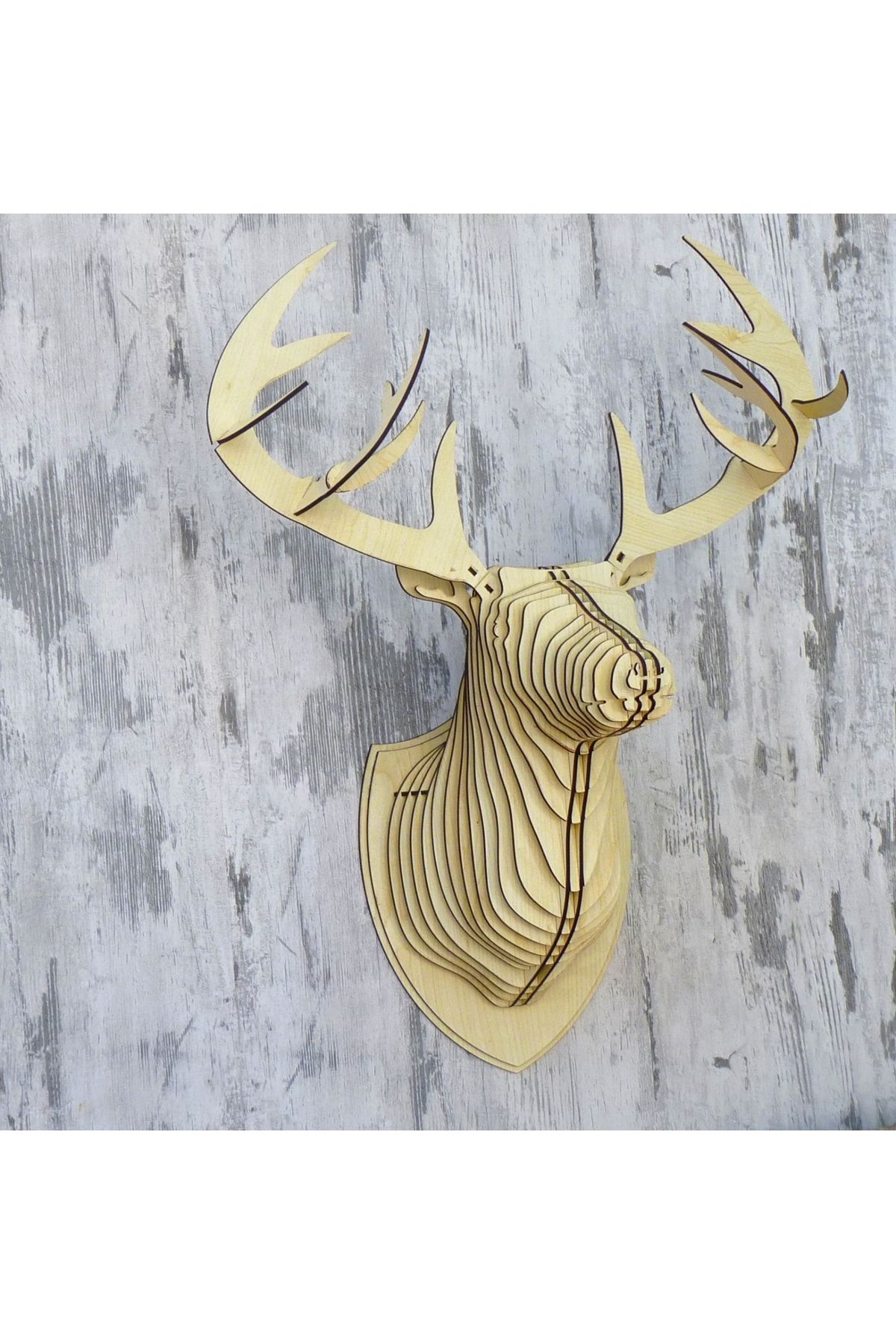 Akça Geyik Kafası Tasarımlı Doğal Ahşap Lazer Kesim Rustik Salon Aplik Duvar Dekoru (Ampul Dahil)