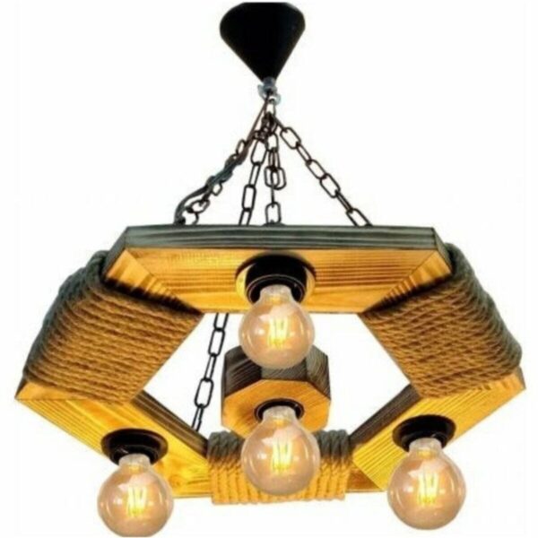 Tasarım Ahşap Halatlı Rustik Altıgen Avize 4'lü