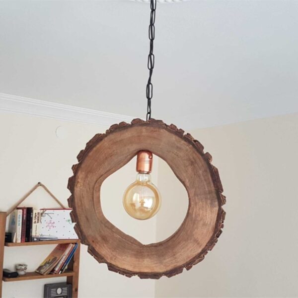 Tasarım Halatlı Rustik Ahşap Tekli Avize (gerçek Ceviz Kütüğü)