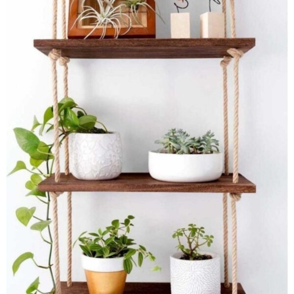 Özel Tasarım Dekoratif 3'lü Rustik Halatli Raf Kitaplık