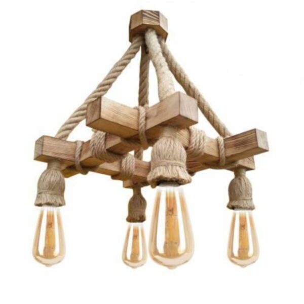 Tasarım Ahşap Halatlı Rustik Salon Avize 4'lü