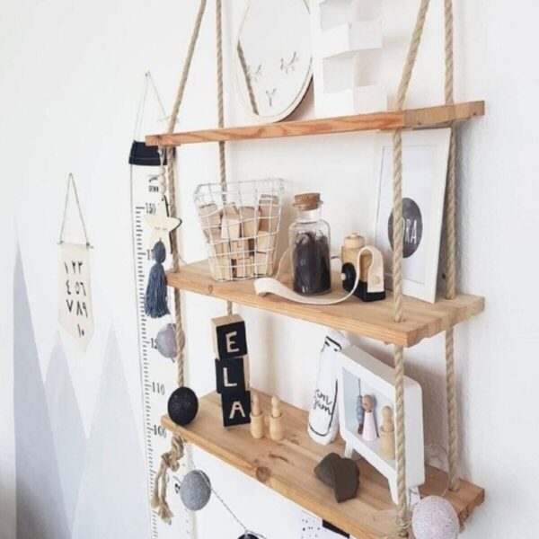 Ahşap Dekoratif Tasarım Özel Işlem Halatli Raf Kitaplık