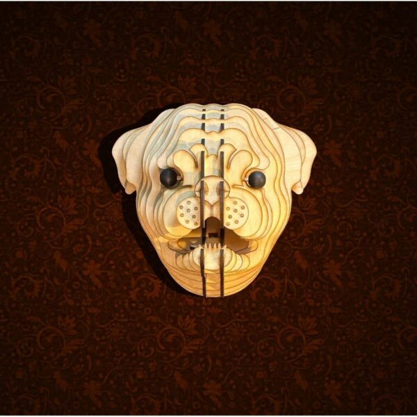 Kelb Köpek Kafası Doğal Ahşap Lazer Kesim Rustik Salon Aplik Duvar Dekoru 3D Tablo Pano (Peri LEDli)