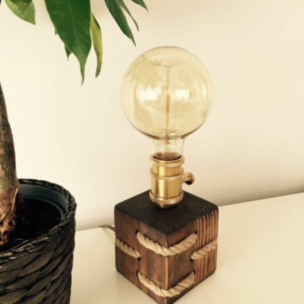 Retro Rustik Halatlı Ahşap Rubik Küp Masa Lambası - Abajur