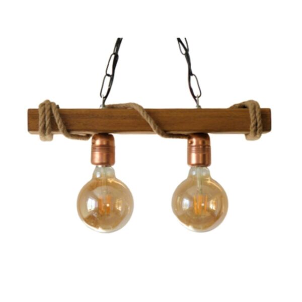 Tasarım Bakır Duylu 2 Li Rustik Nigrum Halatlı Ahşap Avize