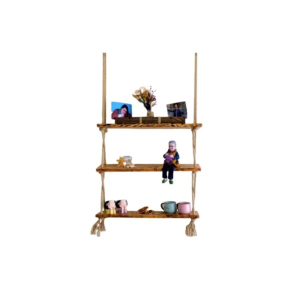 Dekoratif 3 Lü Halatlı Ahşap Rustik Duvar Rafı - Kitaplık