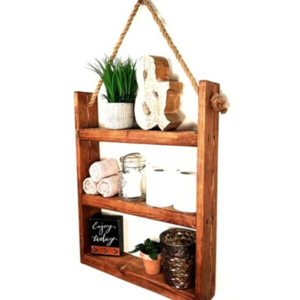 Popart Masif Ahşap Halat Askılı 3 Lü Rustik Kitaplık - Raf