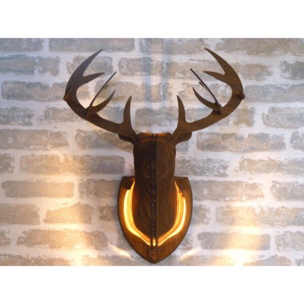 Ceviz Geyik Kafası Tasarımlı Doğal Ahşap Lazer Kesim Rustik Salon Aplik Duvar Dekoru (Ampul Dahil)