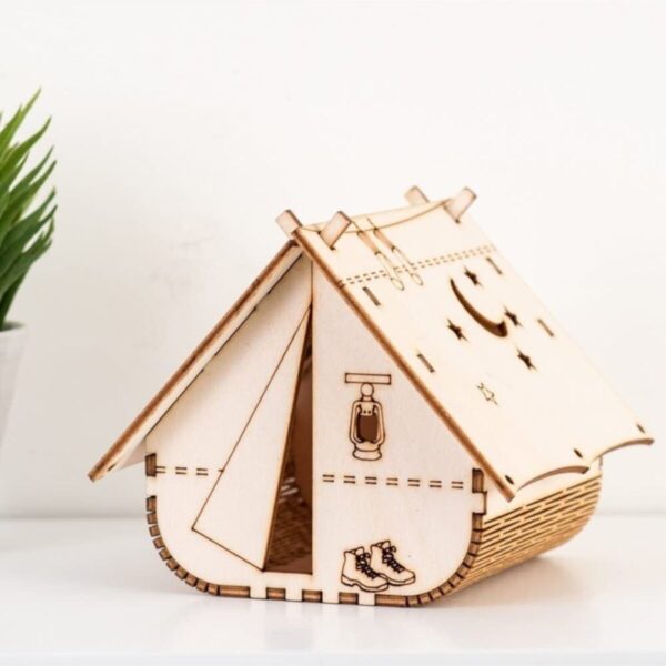 Çocuk Genç Odası Için Doğal Ahşap Mdf 3d Puzzle Lazer Kesim Kamp Çadırı - Ev Abajur - Masa Lambası