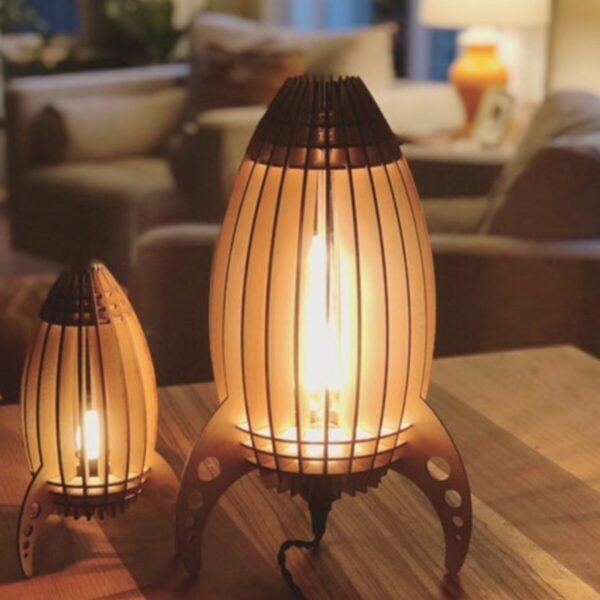 Çocuk Genç Odası Için Doğal Ahşap Mdf 3d Lazer Kesim Roket Abajur - Masa Lambası