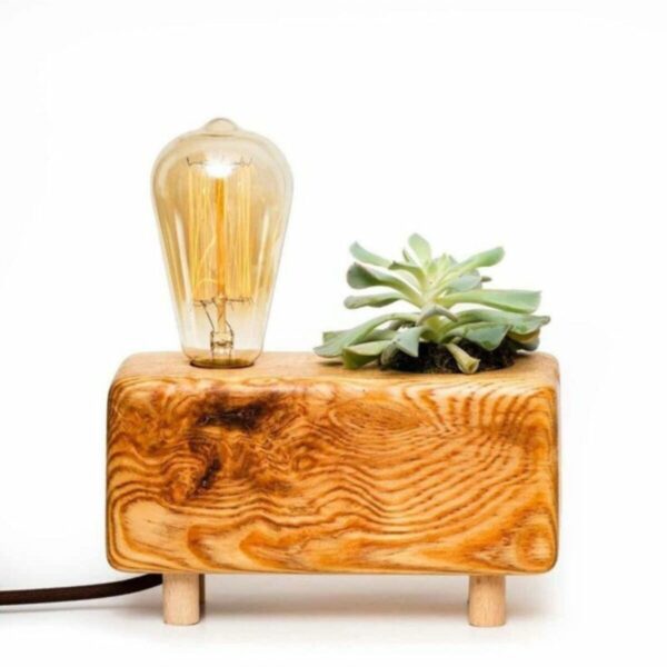 Retro Rustik Ahşap Rubik Küp Masa Lambası - Sukulent Abajur