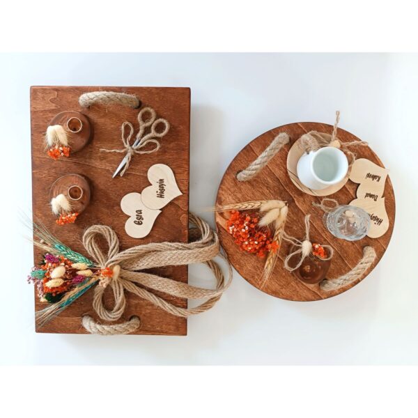 İsme Özel Retro Rustik Ahşap Eskitme Söz Nişan Kahve Sunum Damat Tepsisi 2 li Set