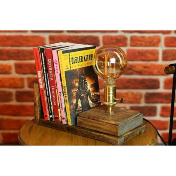 Retro Rustik Ahşap Endüstriyel Masa Lambası & Kitaplık - Abajur