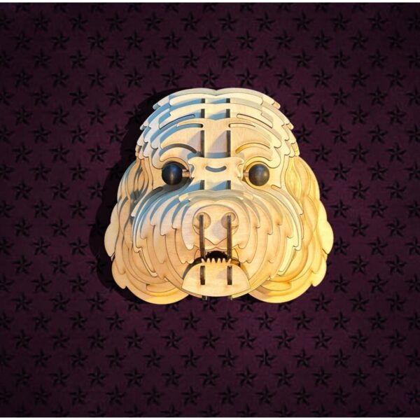 Kelb Köpek Kafası Doğal Ahşap Lazer Kesim Rustik Salon Aplik Duvar Dekoru 3D Tablo Pano (Peri LEDli)