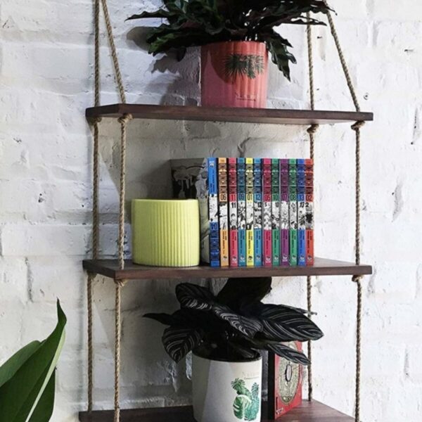 Ahşap Dekoratif Tasarım 3 lü Halatlı Raf