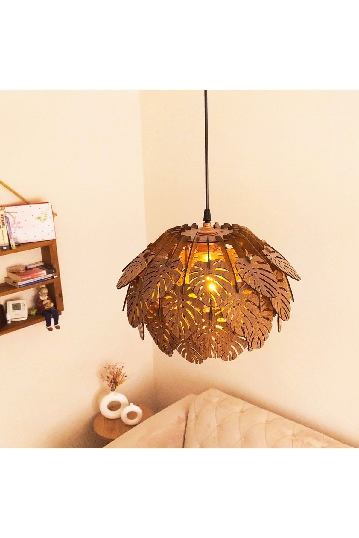 Model Modern Tasarım Globe Küre Doğal Ahşap Yaprak MDF 3D Lazer Kesim Rustik Salon Avize