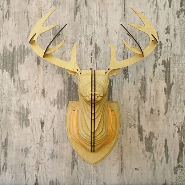 Akça2 Geyik Kafası Tasarımlı Doğal Ahşap Lazer Kesim Rustik Salon Aplik Duvar Dekoru (Ampul Dahil)