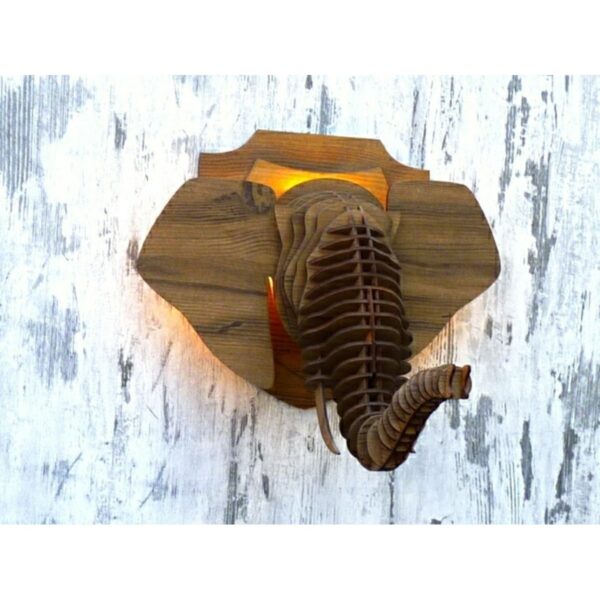 Fil Kafası Tasarımlı Doğal Ahşap MDF Lazer Kesim Rustik Salon Aplik Duvar Dekoru (Ampul Dahil)