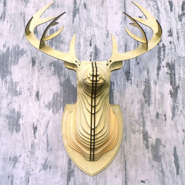 Akça Geyik Kafası Tasarımlı Doğal Ahşap Lazer Kesim Rustik Salon Aplik Duvar Dekoru (Ampul Dahil)