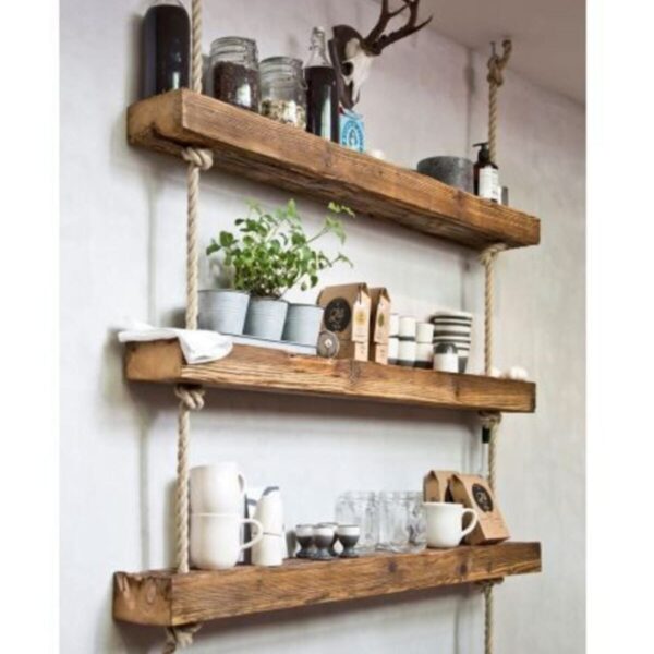 Dekoratif 3 Lü Halat Askılı Ahşap Rustik Duvar Rafı - Kitaplık