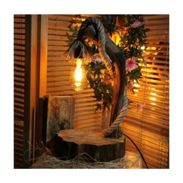 Doğal Ahşap Halatlı Retro Rustik Abajur - Masa Lambası