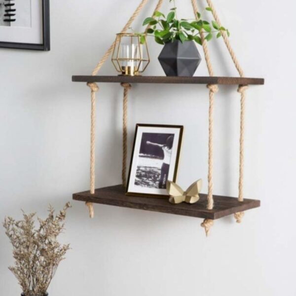 Masif Ahşap Ip Askılı Rustik Duvar Rafı