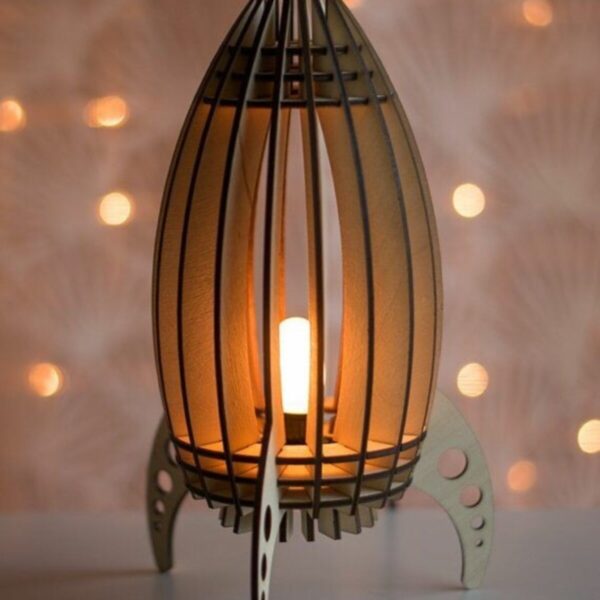 Çocuk Genç Odası Için Doğal Ahşap Mdf Lazer Kesim Roket Abajur - Masa Lambası