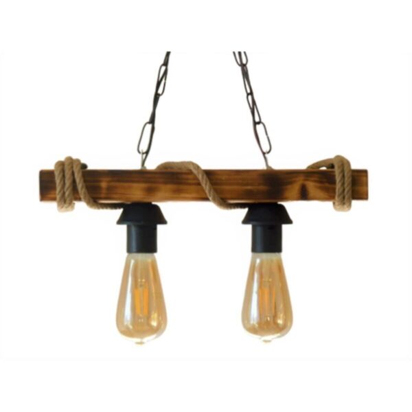 Tasarım Yakma Desenli 2 Li Rustik Nigrum Halatlı Ahşap Avize