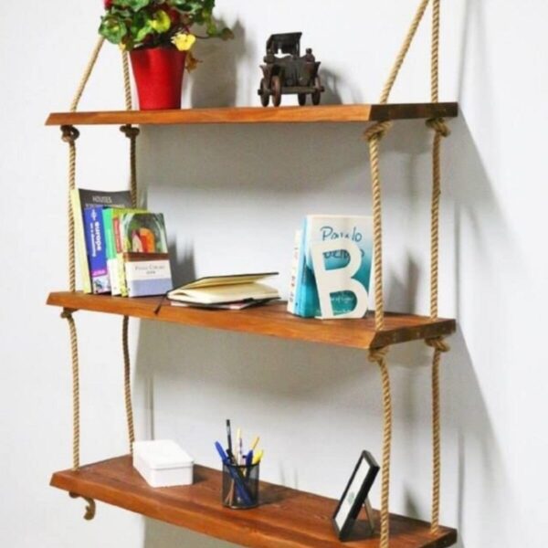 Ahşap Dekoratif Tasarım Özel Işlem 3'lü Halatli Raf Kitaplık