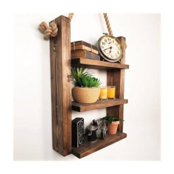 Masif Ahşap Halat Askılı 3'lü Rustik Kitaplık - Raf