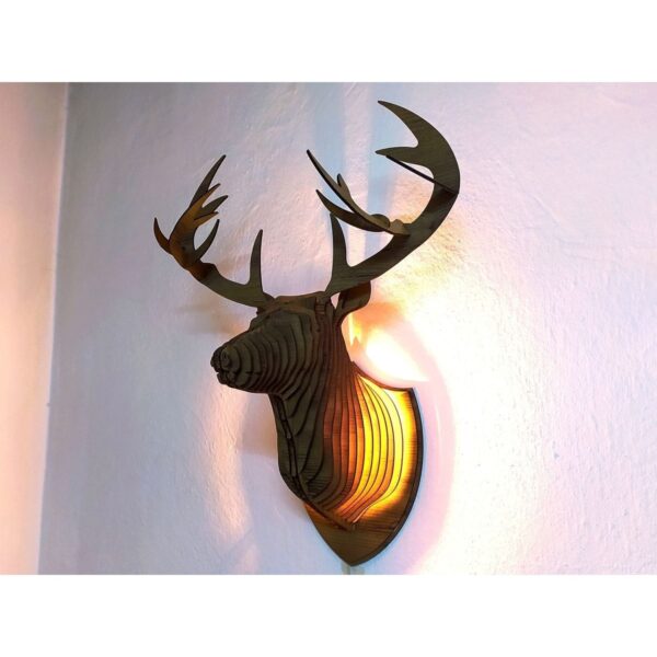 Geyik Kafası Tasarımlı Doğal Ahşap Mdf Lazer Kesim Rustik Salon Aplik Duvar Dekoru (ampul Dahil)